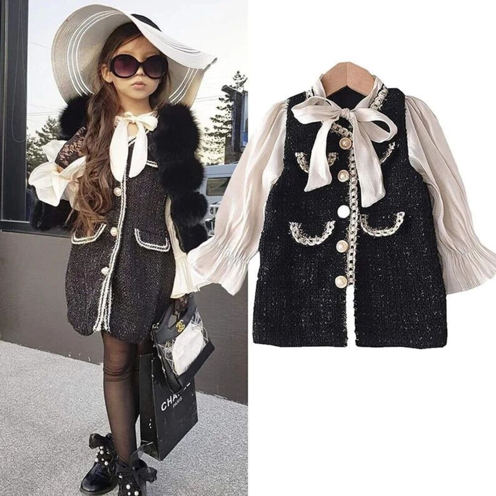 Girl's dress formal designer cute fashion blouse tweed trendy fancy dress 3t